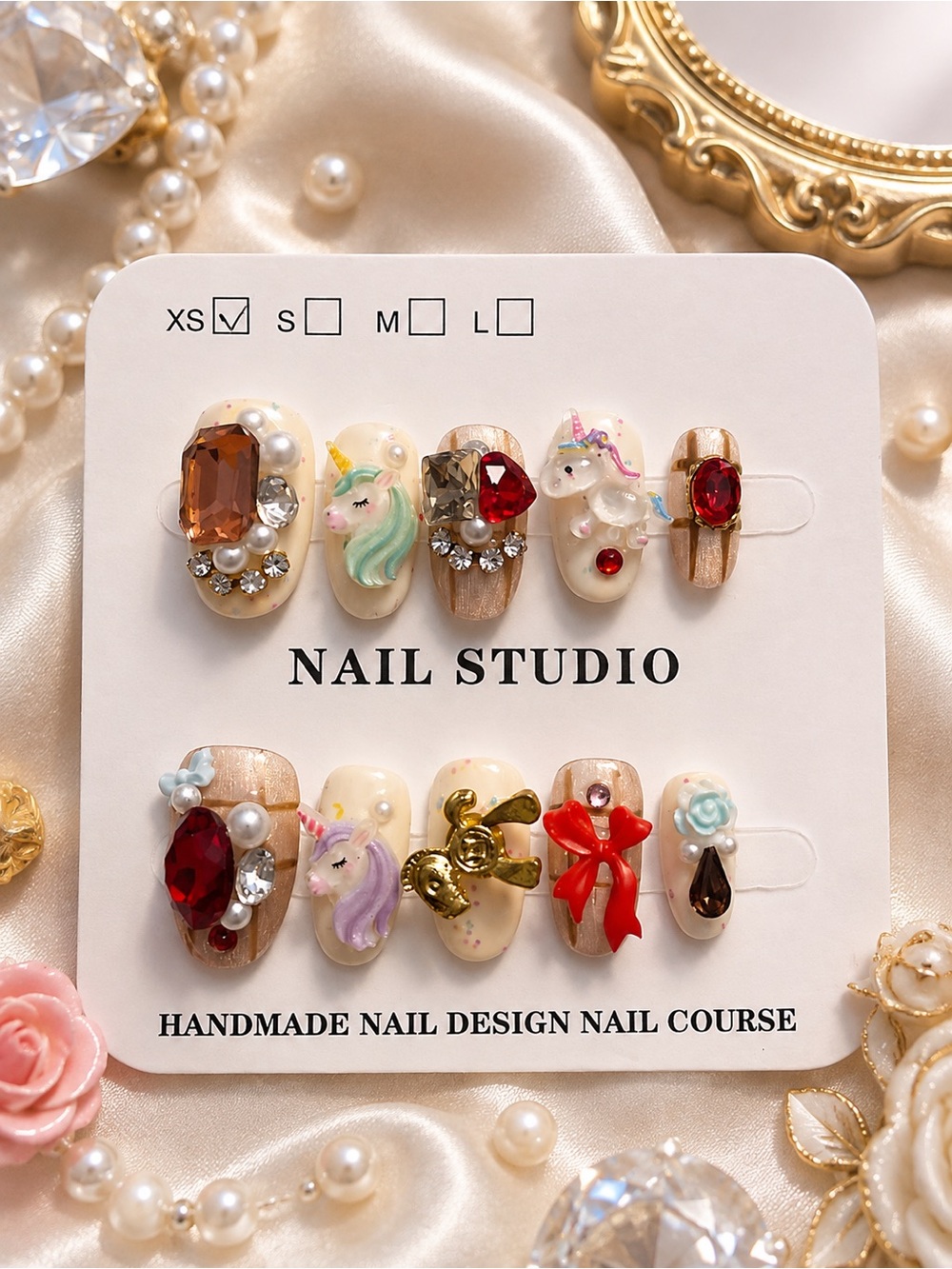 3D Unicorn & Jewel Press-On Nail Set in Pearl, Gold & Red